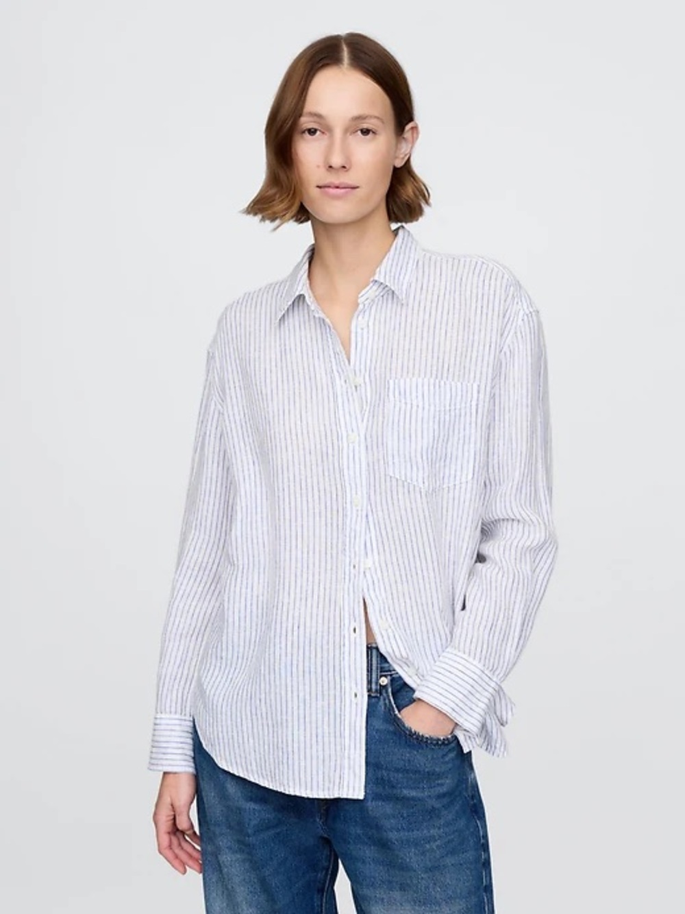 GAP Button Up Linen Blend Striped White Blue M